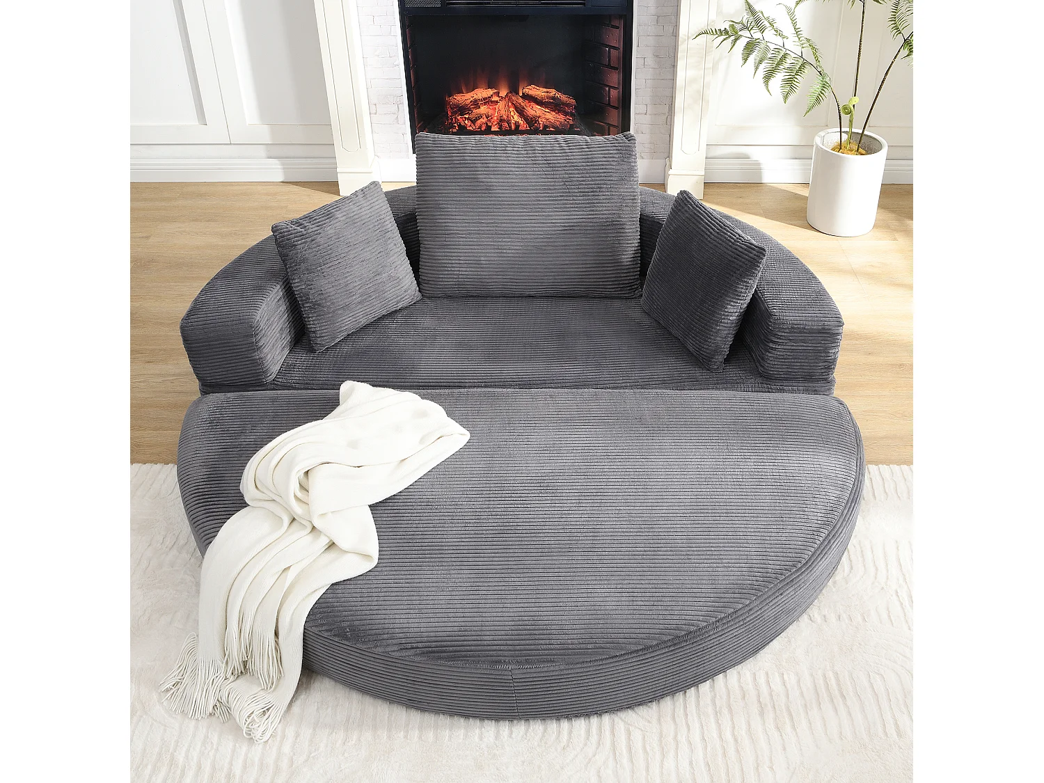 Canapé rond pliable 173x176x40cm - avec coussin - tissu en velours côtelé - gris
