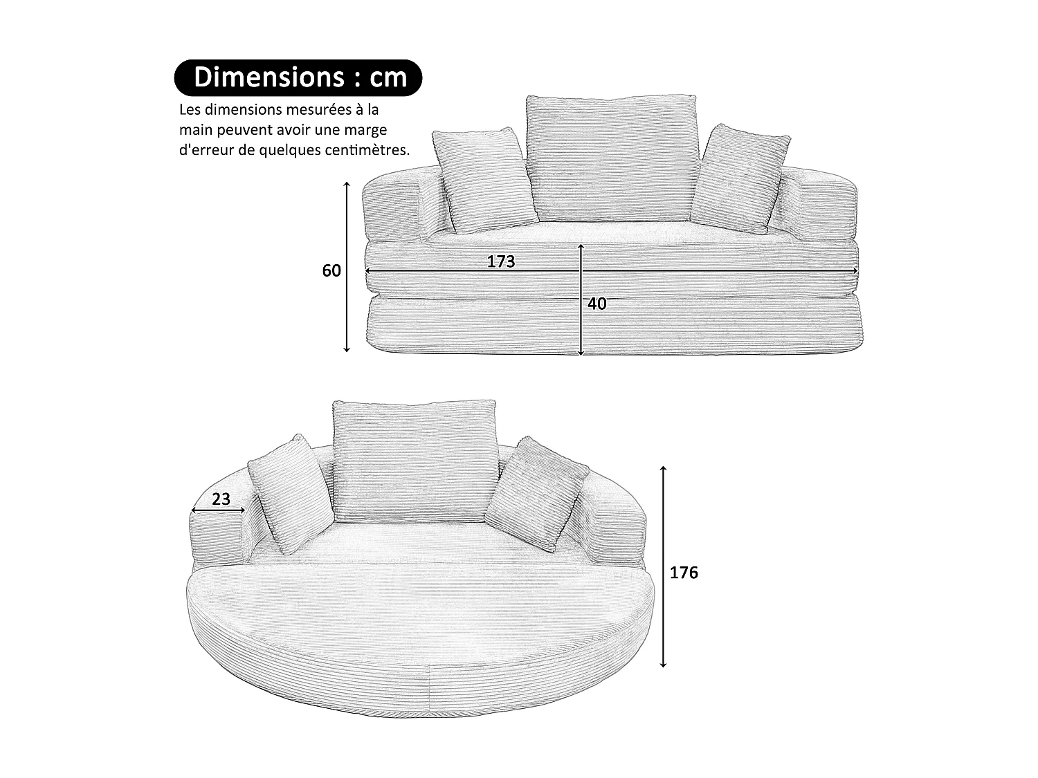 Canapé rond pliable 173x176x40cm - avec coussin - tissu en velours côtelé - gris