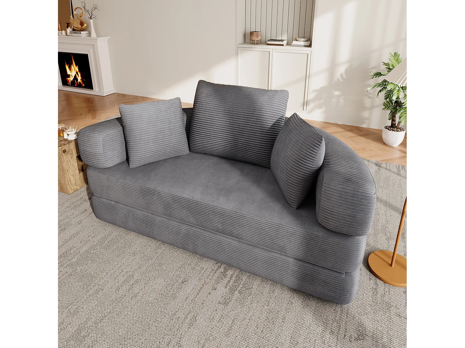 Canapé rond pliable 173x176x40cm - avec coussin - tissu en velours côtelé - gris