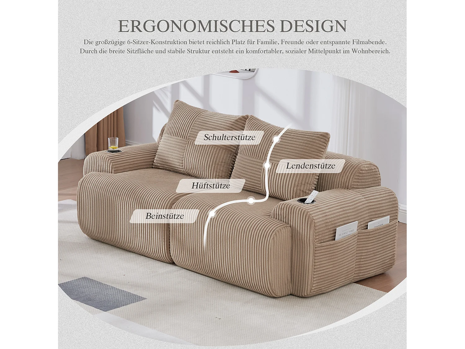 Canapé moderne 2 places - 200 x 99 x 80 cm - avec porte-gobelets + poche de rangement - velours - kaki