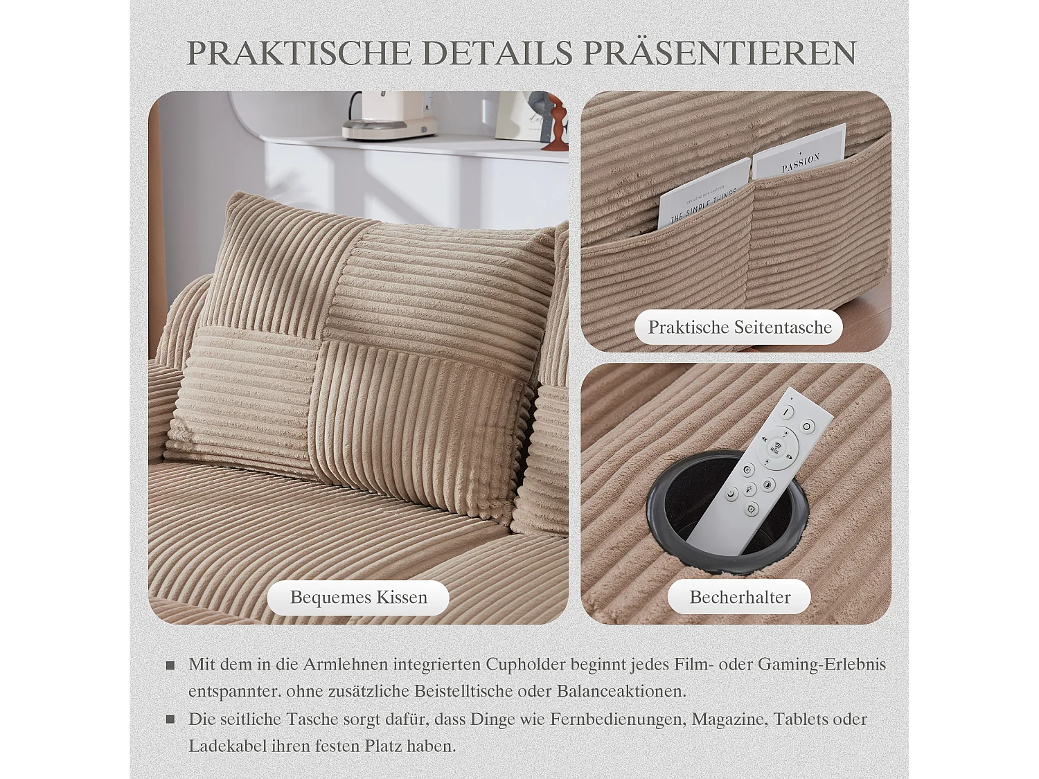 Canapé moderne 2 places - 200 x 99 x 80 cm - avec porte-gobelets + poche de rangement - velours - kaki