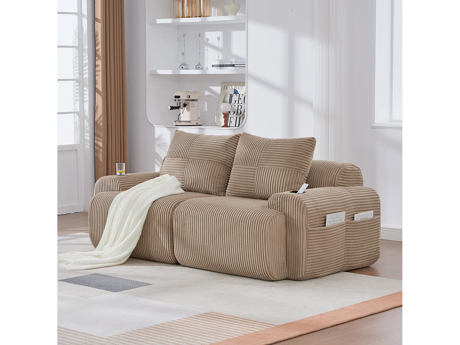 Canapé moderne 2 places - 200 x 99 x 80 cm - avec porte-gobelets + poche de rangement - velours - kaki