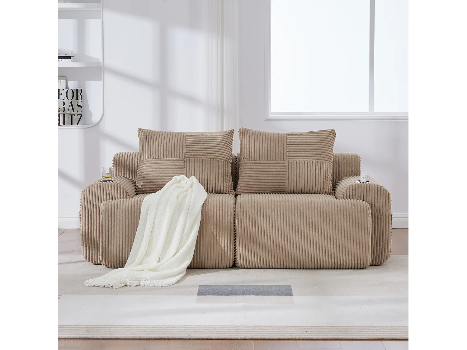 Canapé moderne 2 places - 200 x 99 x 80 cm - avec porte-gobelets + poche de rangement - velours - kaki