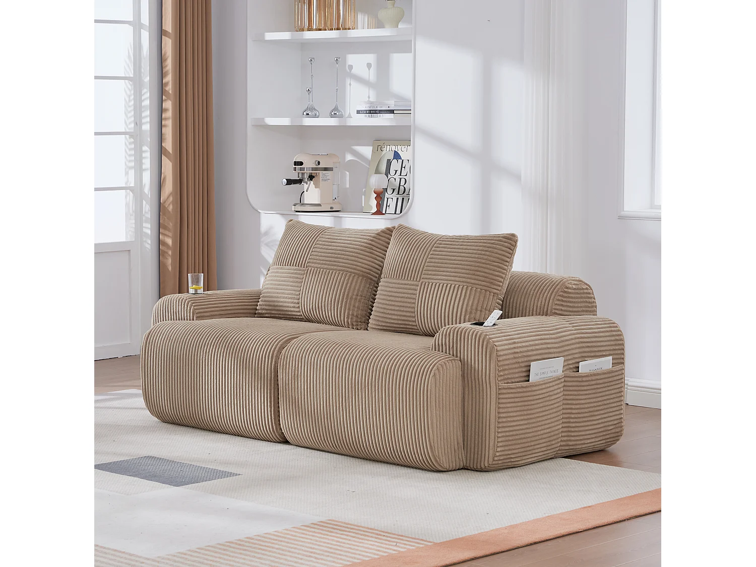 Canapé moderne 2 places - 200 x 99 x 80 cm - avec porte-gobelets + poche de rangement - velours - kaki