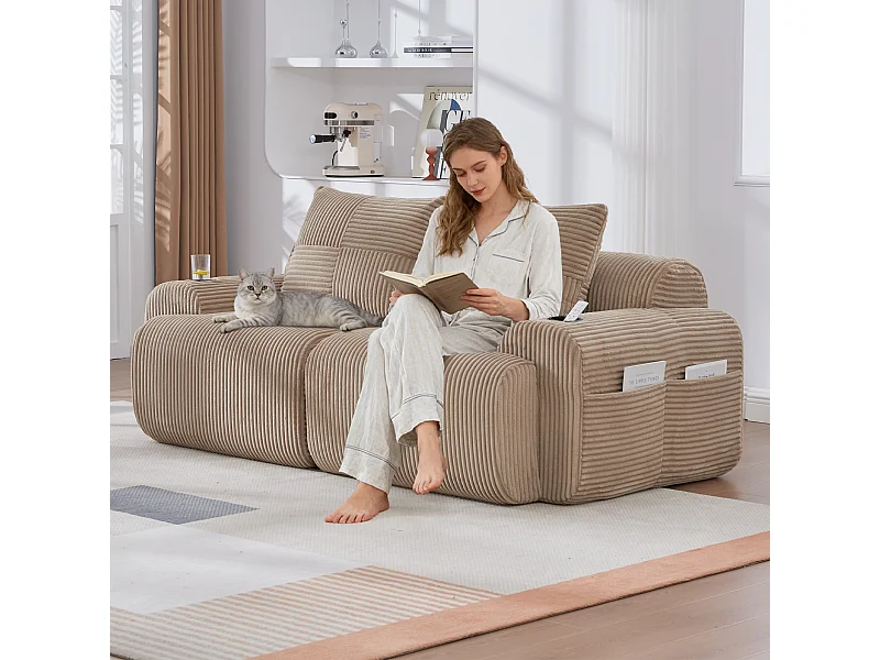 Modernes 2-Sitzer-Sofa – 200 x 99 x 80 cm – mit Getränkehalter und Aufbewahrungstasche – Samt – Khaki