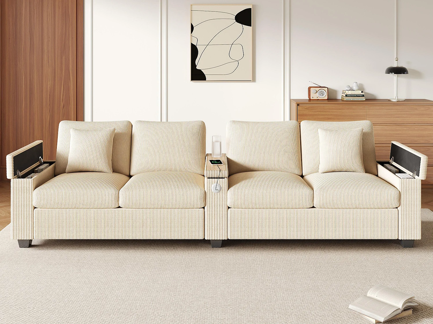 Canapé moderne 4 places - avec accoudoir central pliable - avec ports de chargement USB/USB-C - Velours côtelé - beige