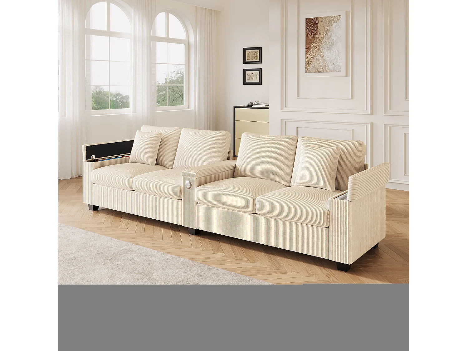 Canapé moderne 4 places - avec accoudoir central pliable - avec ports de chargement USB/USB-C - Velours côtelé - beige