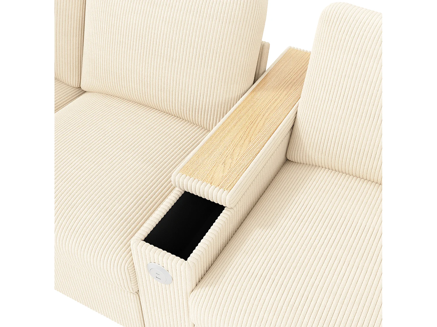 Canapé moderne 4 places - avec accoudoir central pliable - avec ports de chargement USB/USB-C - Velours côtelé - beige