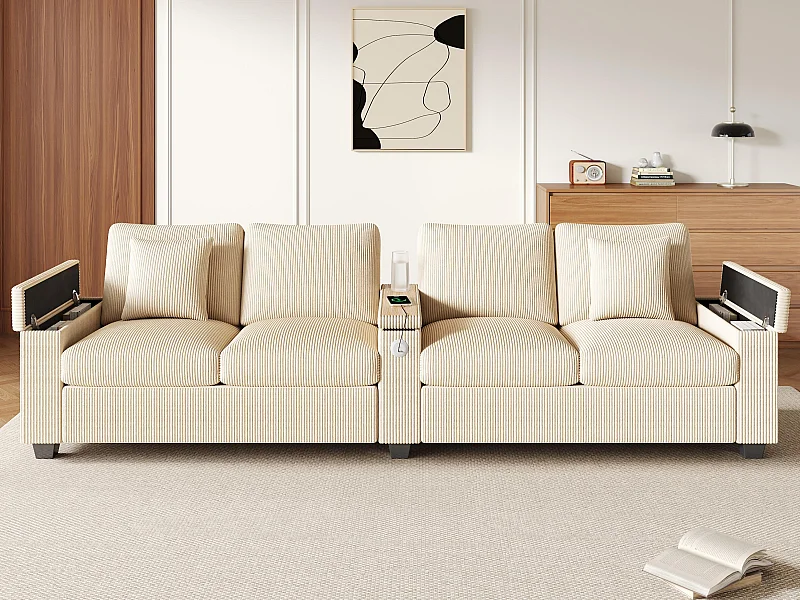 Modernes Sofa für 4 Personen - mit klappbarer Mittelarmlehne - mit USB/USB-C-Ladanschlüssen - Rippensamt - beige