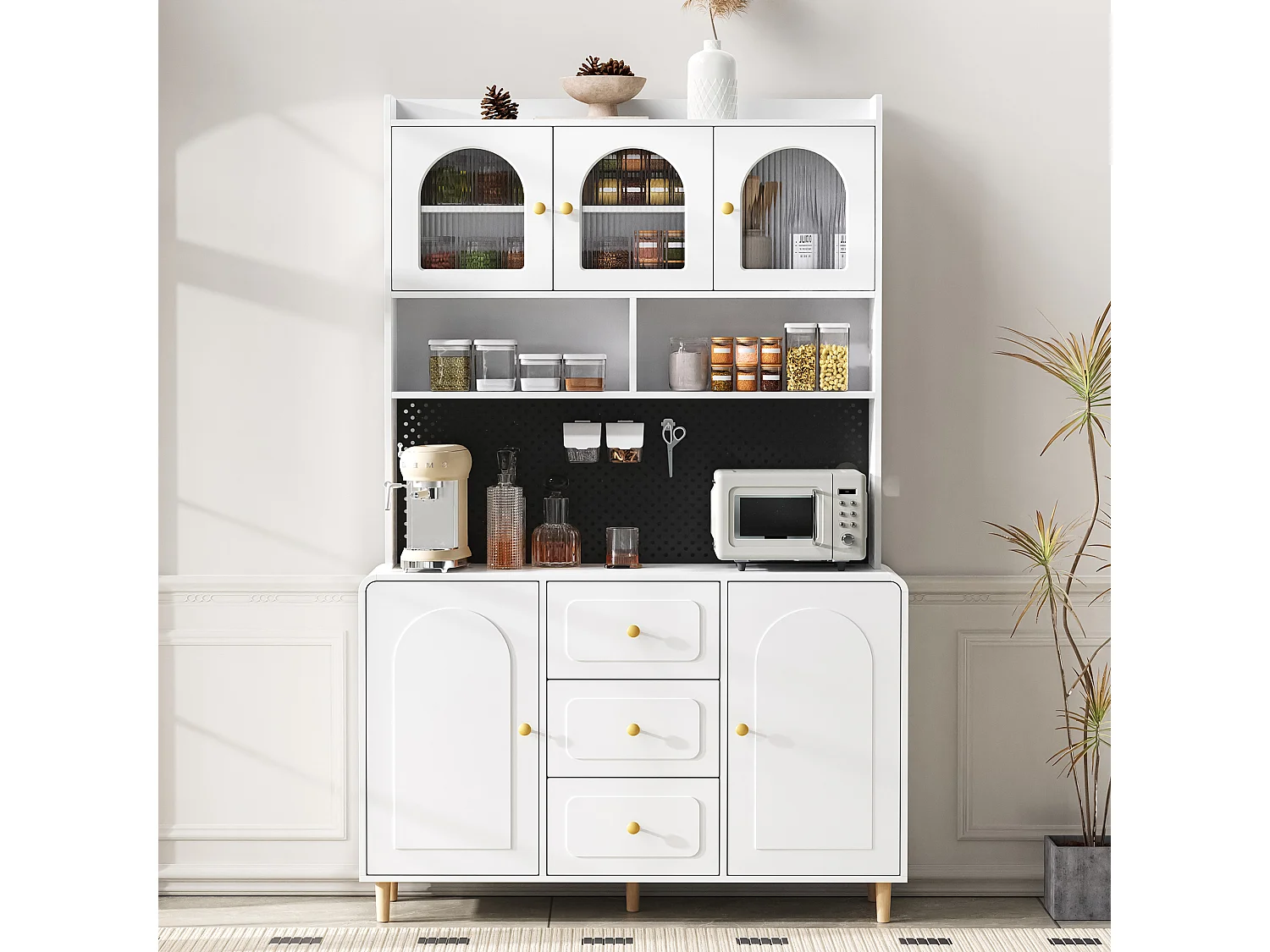 Buffet de cuisine moderne 140x40x190cm - avec des étagères ouvertes - avec 3 tiroirs et 5 portes - Blanc