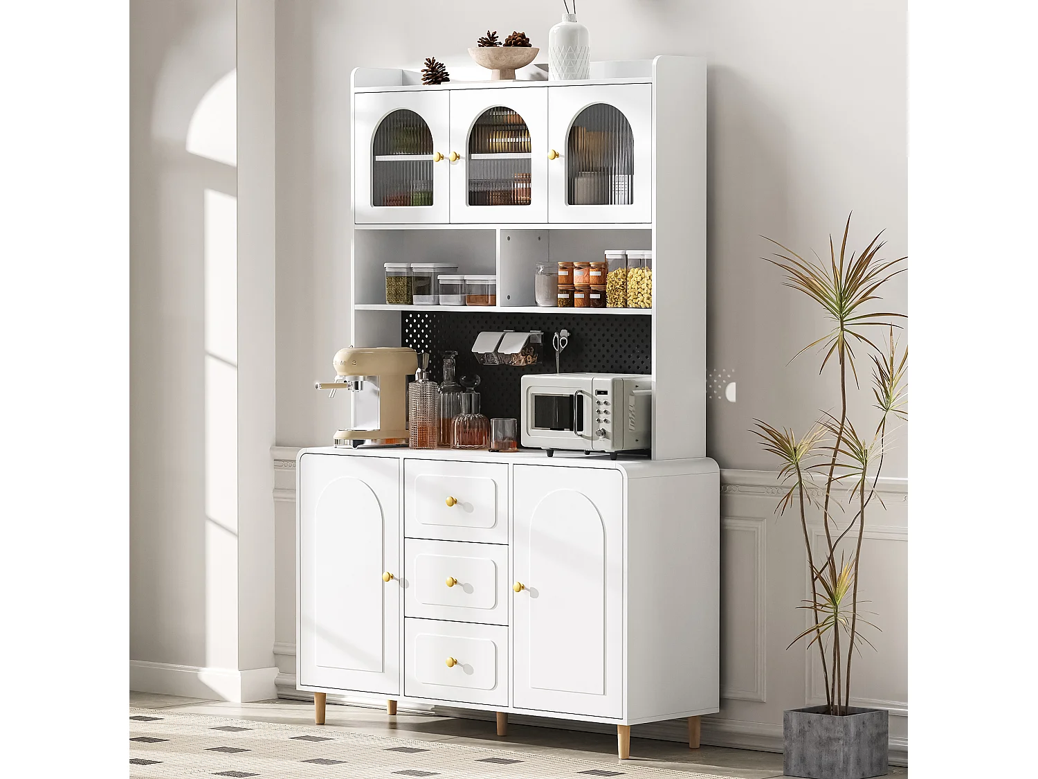 Buffet de cuisine moderne 140x40x190cm - avec des étagères ouvertes - avec 3 tiroirs et 5 portes - Blanc
