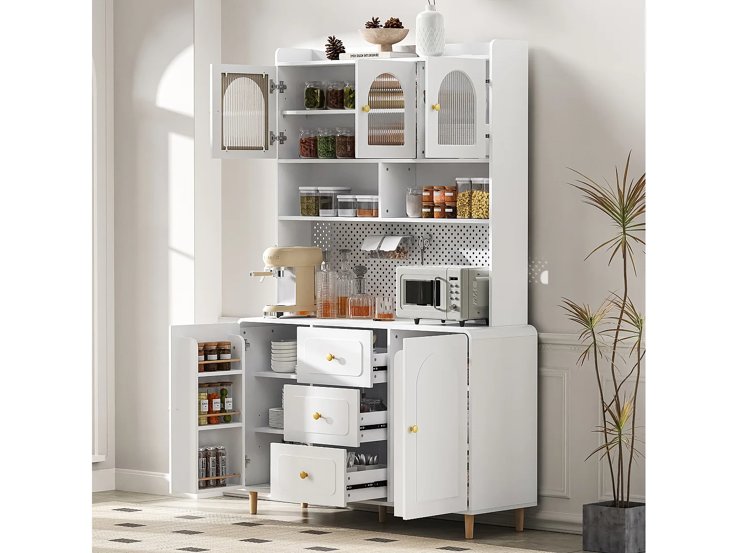 Buffet de cuisine moderne 140x40x190cm - avec des étagères ouvertes - avec 3 tiroirs et 5 portes - Blanc