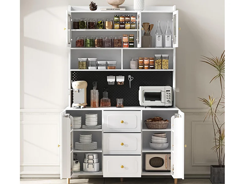 Buffet de cuisine moderne 140x40x190cm - avec des étagères ouvertes - avec 3 tiroirs et 5 portes - Blanc