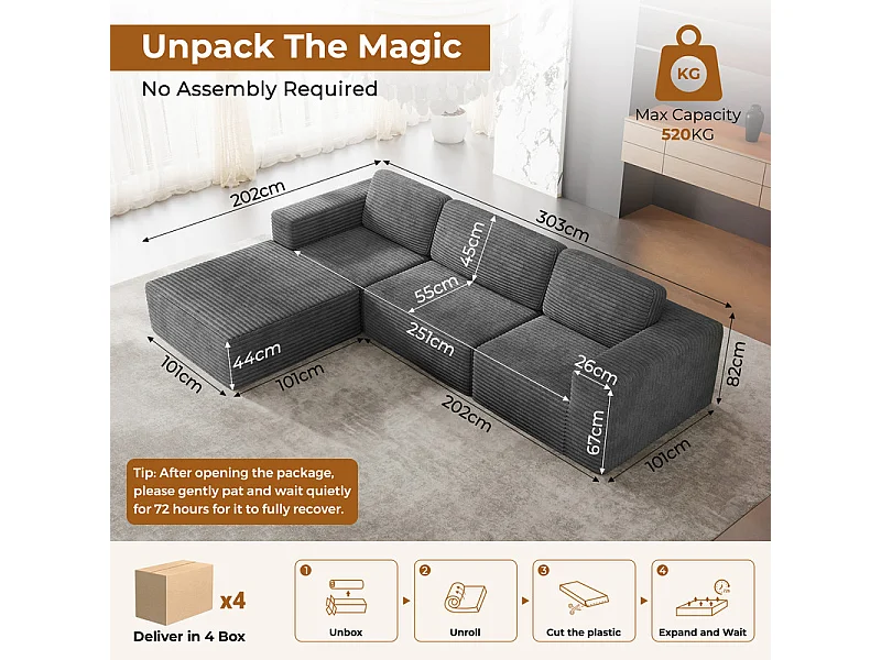 Canapé 3 Places modulable avec pouf - en Velours Côtelé - angle réversible - Gris - 303x202x82cm