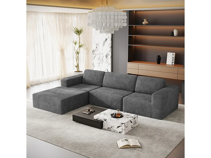 Canapé 3 Places modulable avec pouf - en Velours Côtelé - angle réversible - Gris - 303x202x82cm