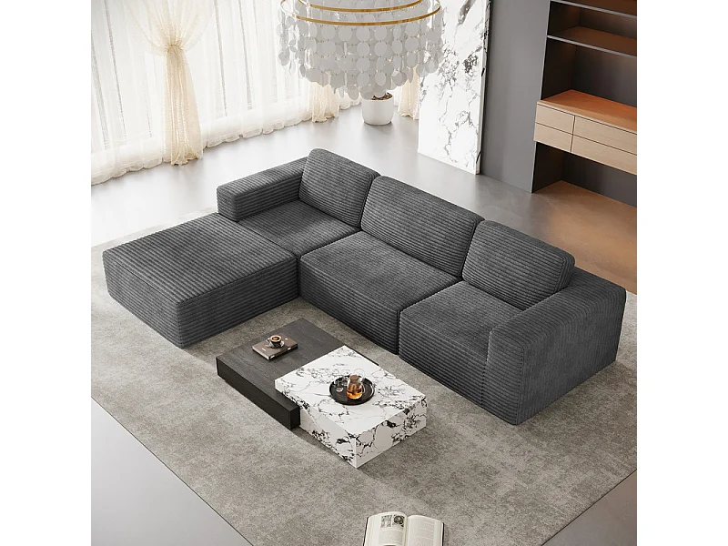 Canapé 3 Places modulable avec pouf - en Velours Côtelé - angle réversible - Gris - 303x202x82cm