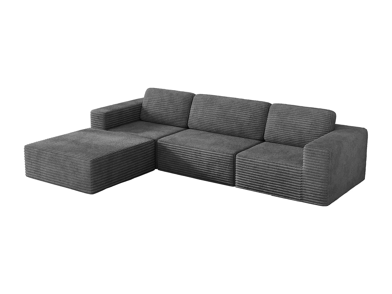 Canapé 3 Places modulable avec pouf - en Velours Côtelé - angle réversible - Gris - 303x202x82cm