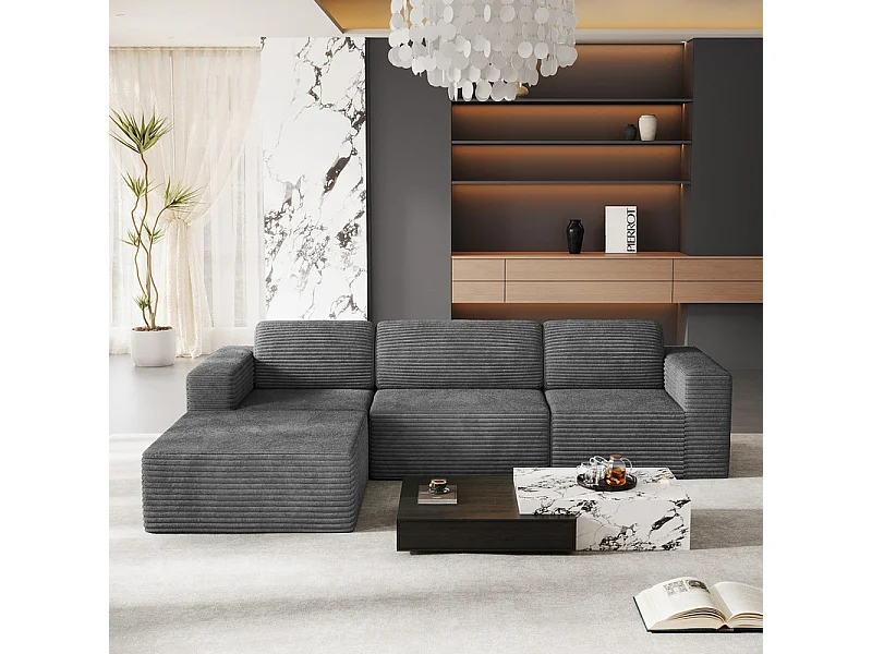 Canapé 3 Places modulable avec pouf - en Velours Côtelé - angle réversible - Gris - 303x202x82cm