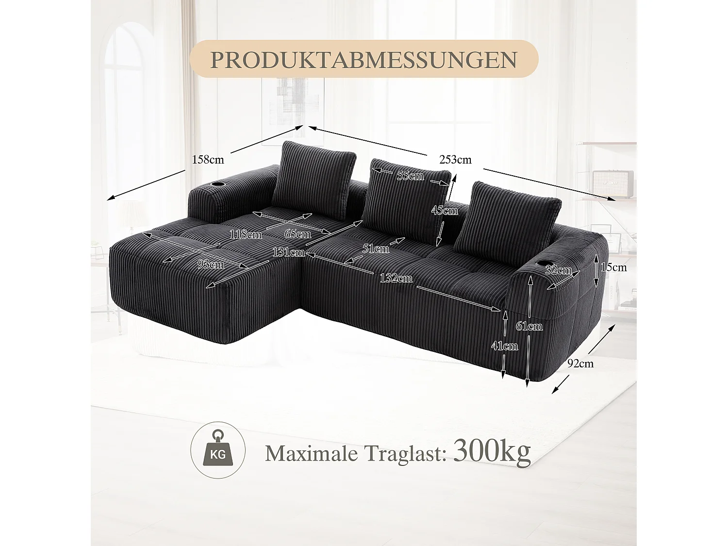 Canapé modulable 4 places - 253 x 158 x 61 - avec poche latérale + porte-gobelet + 3 coussins - velours - gris foncé