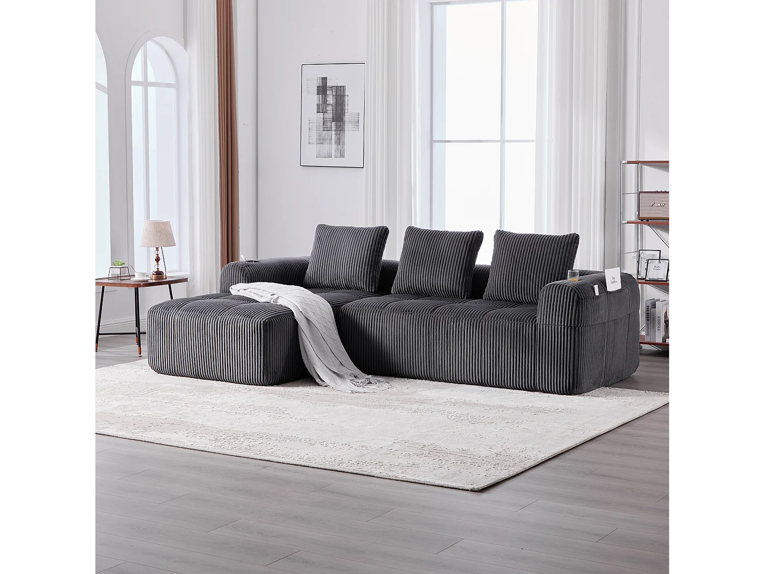 Canapé modulable 4 places - 253 x 158 x 61 - avec poche latérale + porte-gobelet + 3 coussins - velours - gris foncé