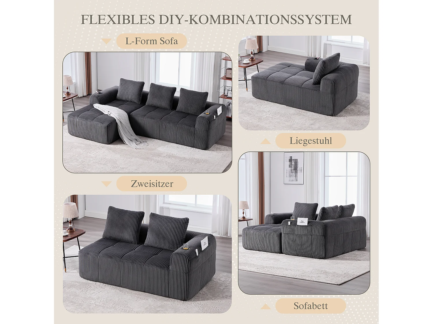 Canapé modulable 4 places - 253 x 158 x 61 - avec poche latérale + porte-gobelet + 3 coussins - velours - gris foncé