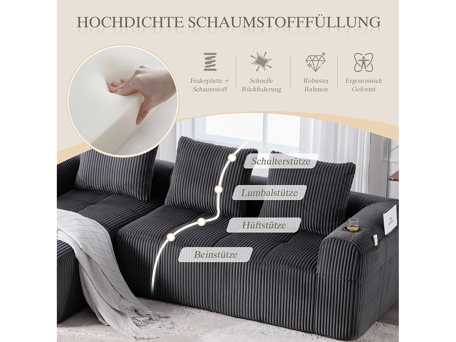 Canapé modulable 4 places - 253 x 158 x 61 - avec poche latérale + porte-gobelet + 3 coussins - velours - gris foncé