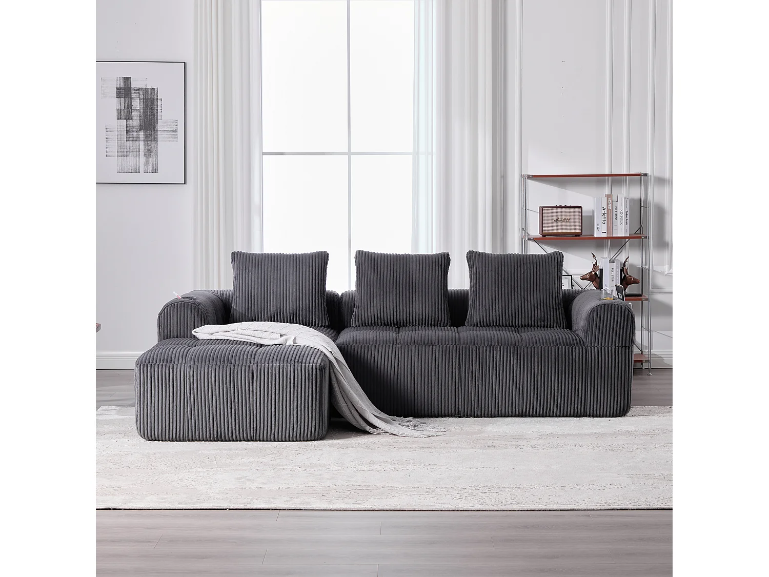 Canapé modulable 4 places - 253 x 158 x 61 - avec poche latérale + porte-gobelet + 3 coussins - velours - gris foncé