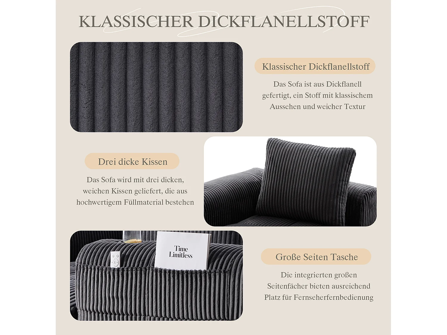 Canapé modulable 4 places - 253 x 158 x 61 - avec poche latérale + porte-gobelet + 3 coussins - velours - gris foncé