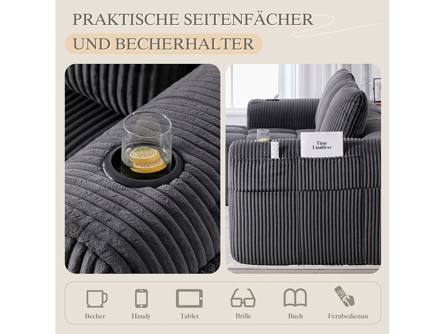 Canapé modulable 4 places - 253 x 158 x 61 - avec poche latérale + porte-gobelet + 3 coussins - velours - gris foncé