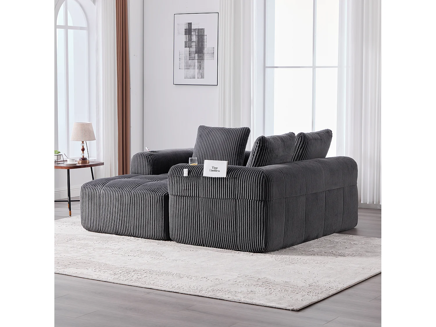 Canapé modulable 4 places - 253 x 158 x 61 - avec poche latérale + porte-gobelet + 3 coussins - velours - gris foncé