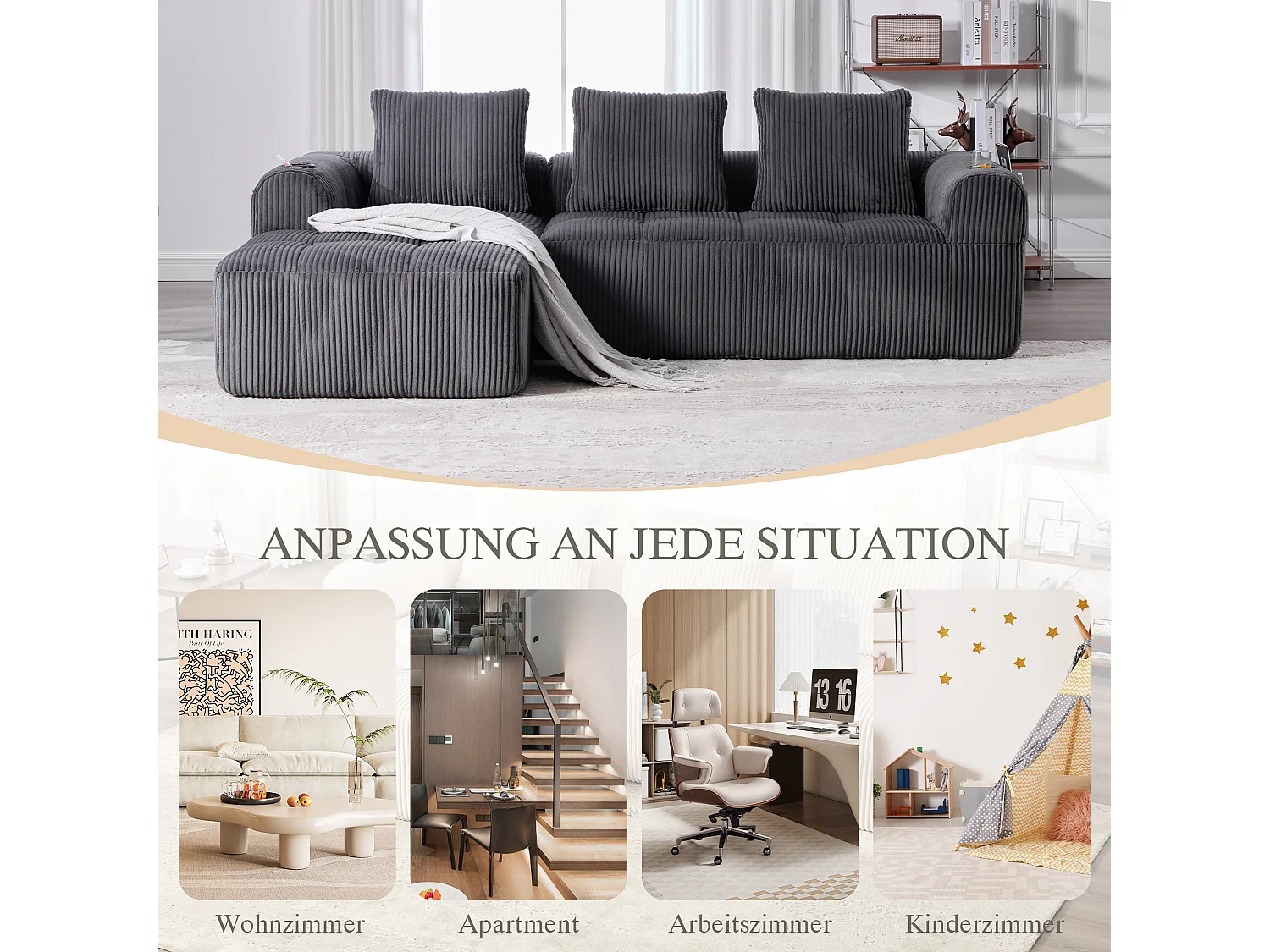 Canapé modulable 4 places - 253 x 158 x 61 - avec poche latérale + porte-gobelet + 3 coussins - velours - gris foncé