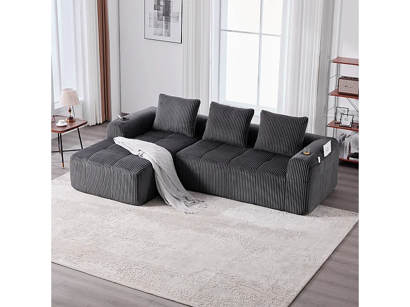 Canapé modulable 4 places - 253 x 158 x 61 - avec poche latérale + porte-gobelet + 3 coussins - velours - gris foncé