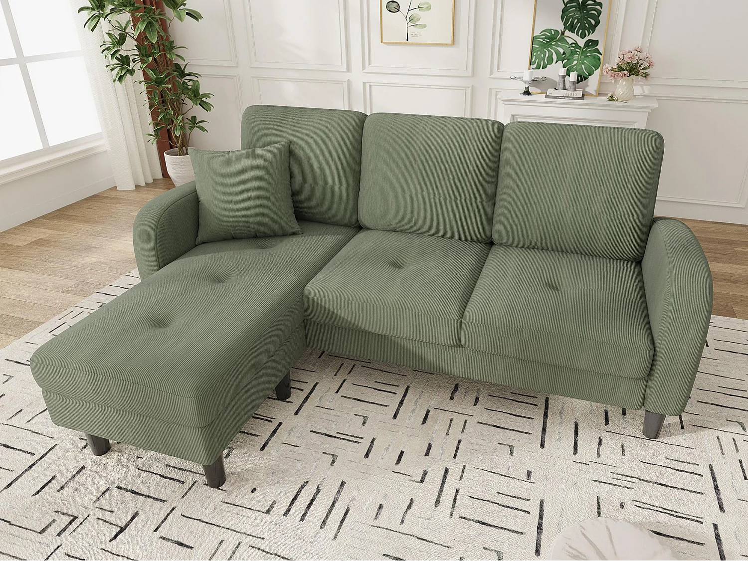 Canapé d'angle avec méridienne - 3 places - Velours côtelé - Vert