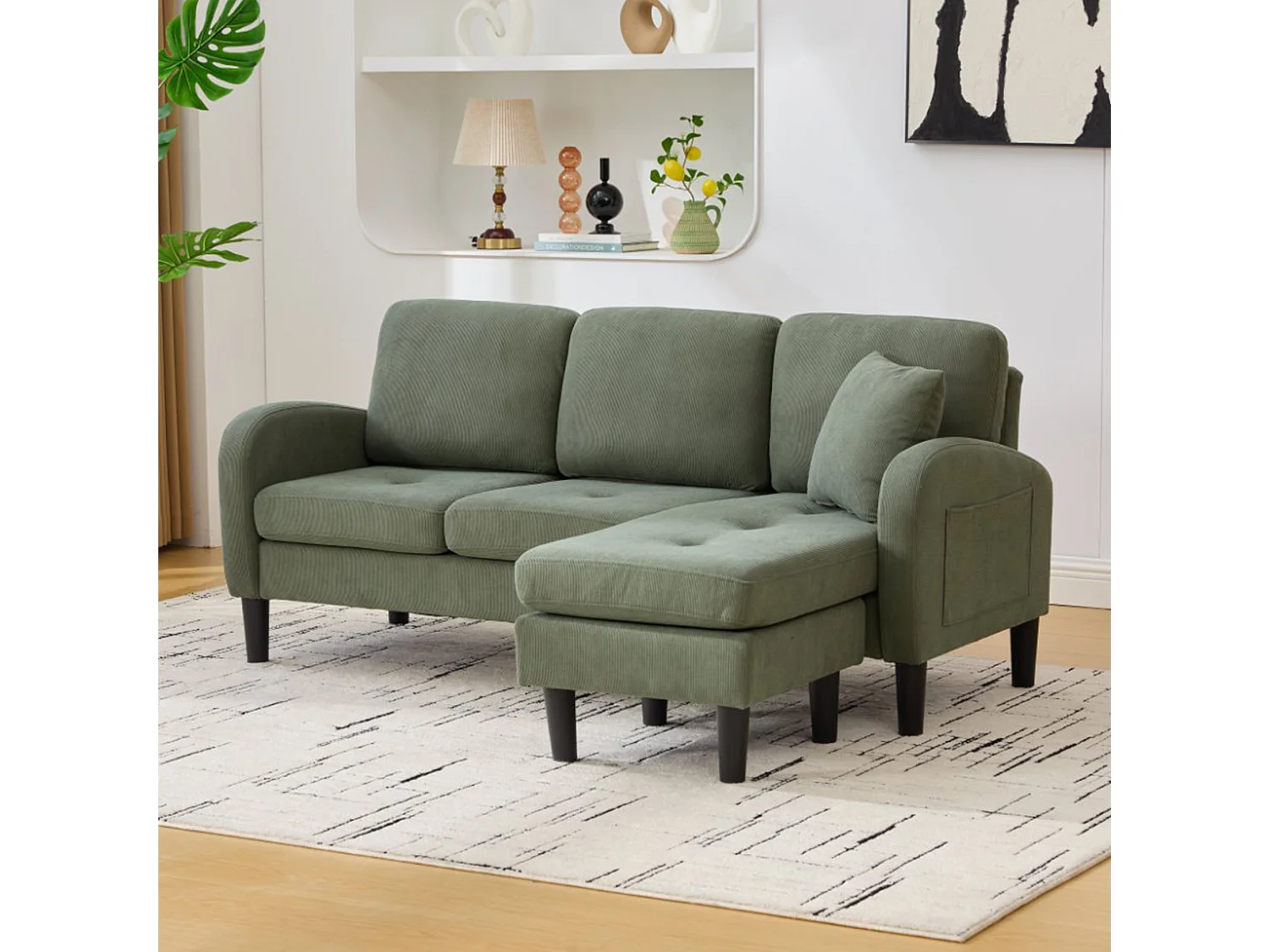 Canapé d'angle avec méridienne - 3 places - Velours côtelé - Vert