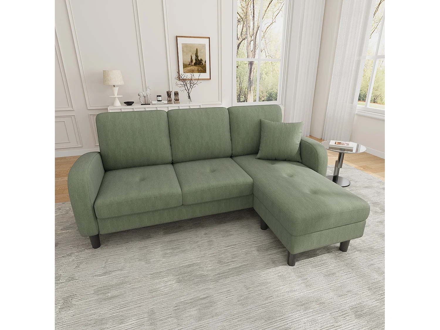 Canapé d'angle avec méridienne - 3 places - Velours côtelé - Vert