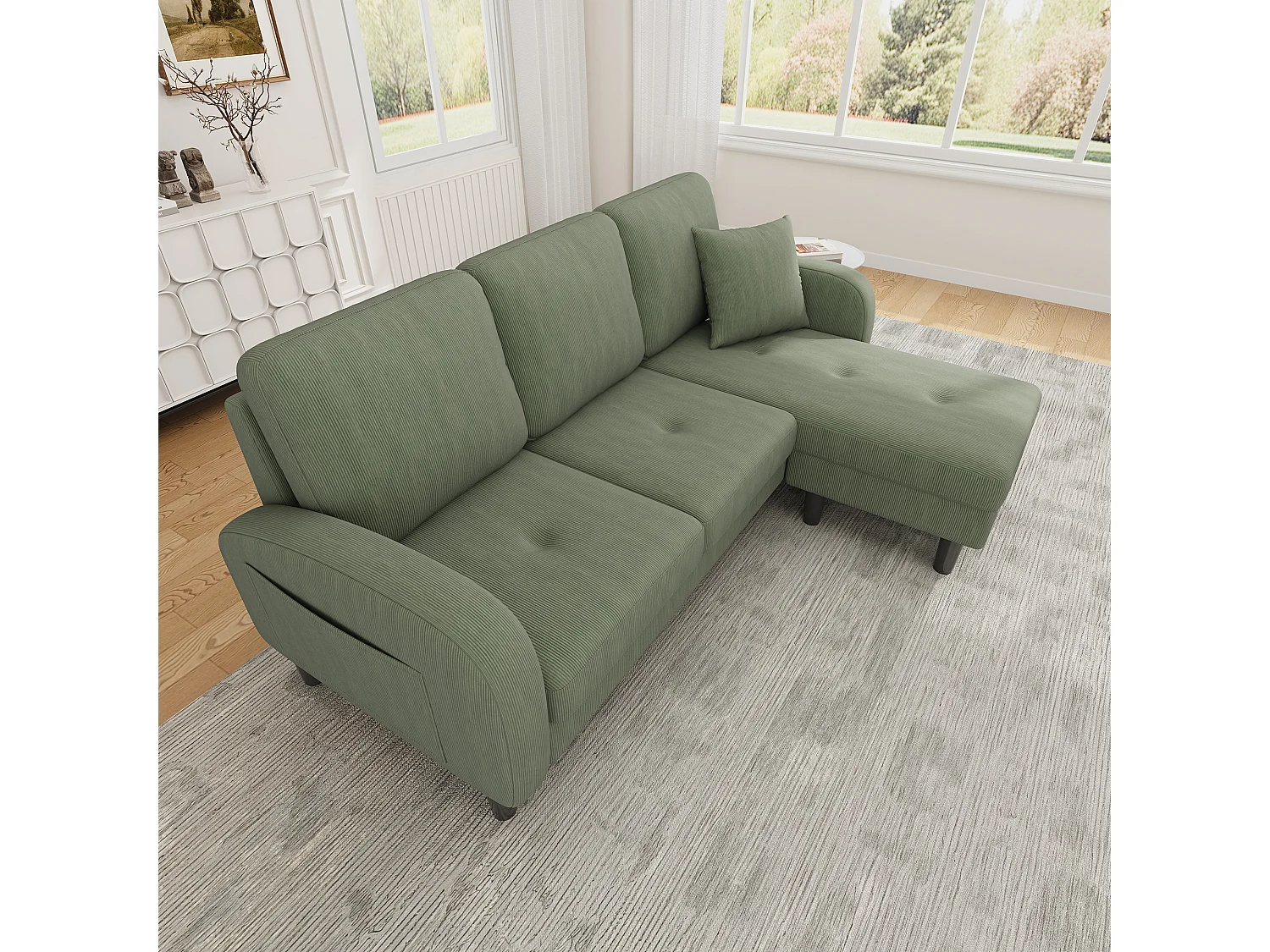 Canapé d'angle avec méridienne - 3 places - Velours côtelé - Vert