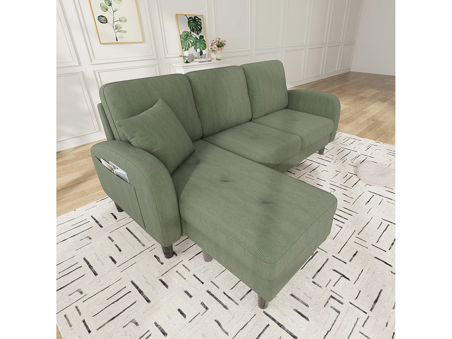 Canapé d'angle avec méridienne - 3 places - Velours côtelé - Vert