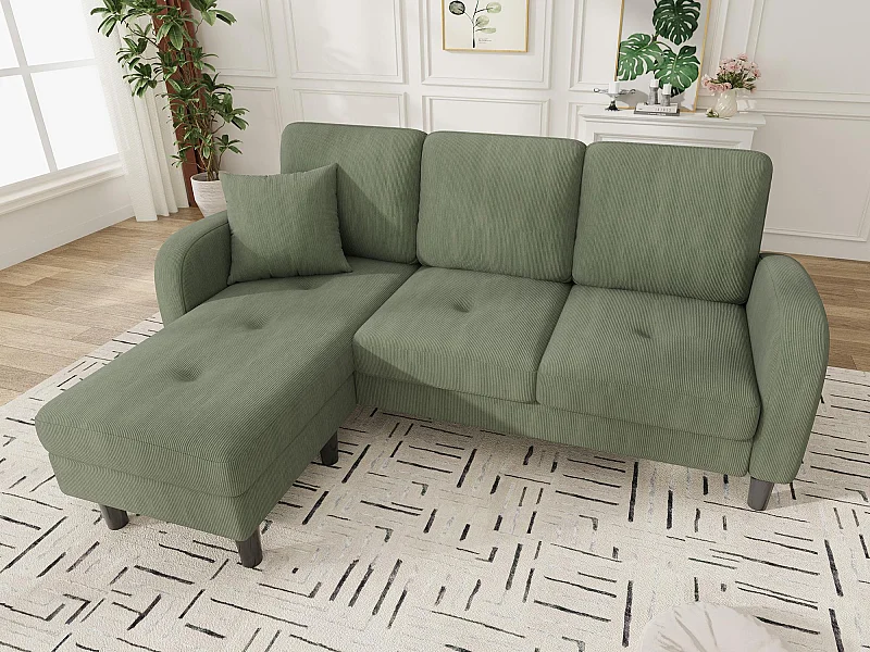 Canapé d'angle avec méridienne - 3 places - Velours côtelé - Vert