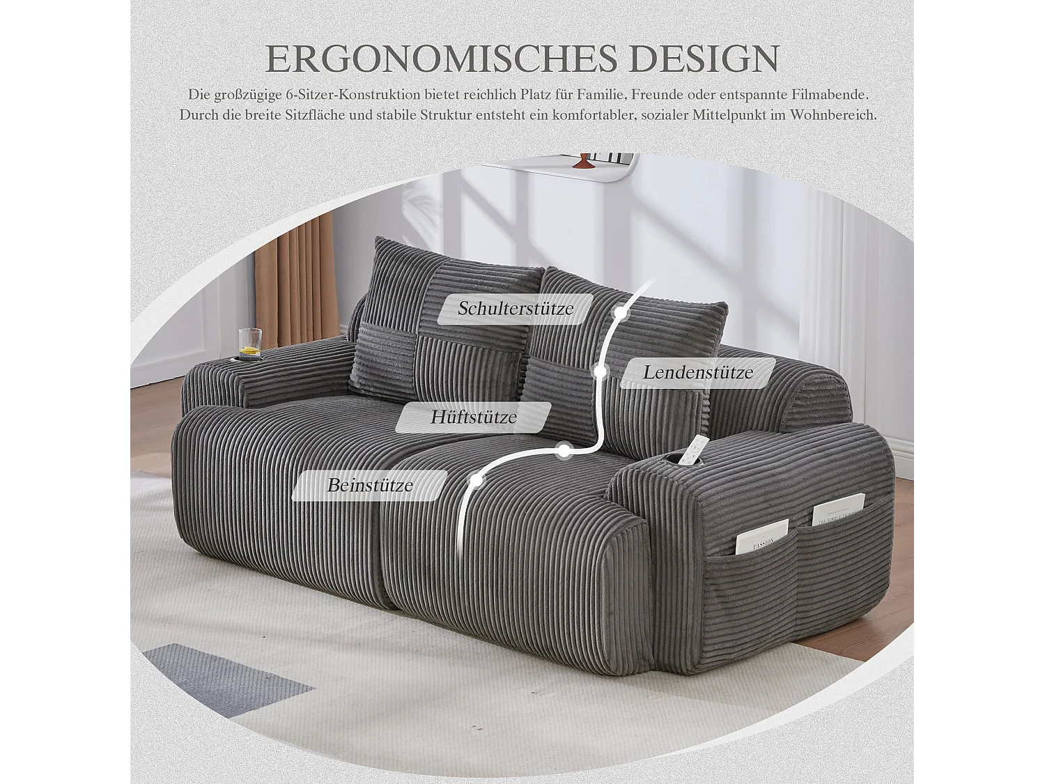 Canapé moderne 2 places - 200 x 99 x 80 cm - avec porte-gobelets + poche de rangement - velours - gris foncé