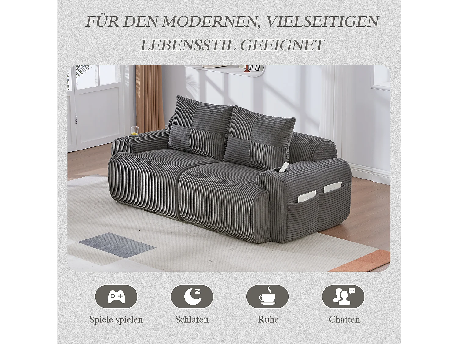 Canapé moderne 2 places - 200 x 99 x 80 cm - avec porte-gobelets + poche de rangement - velours - gris foncé