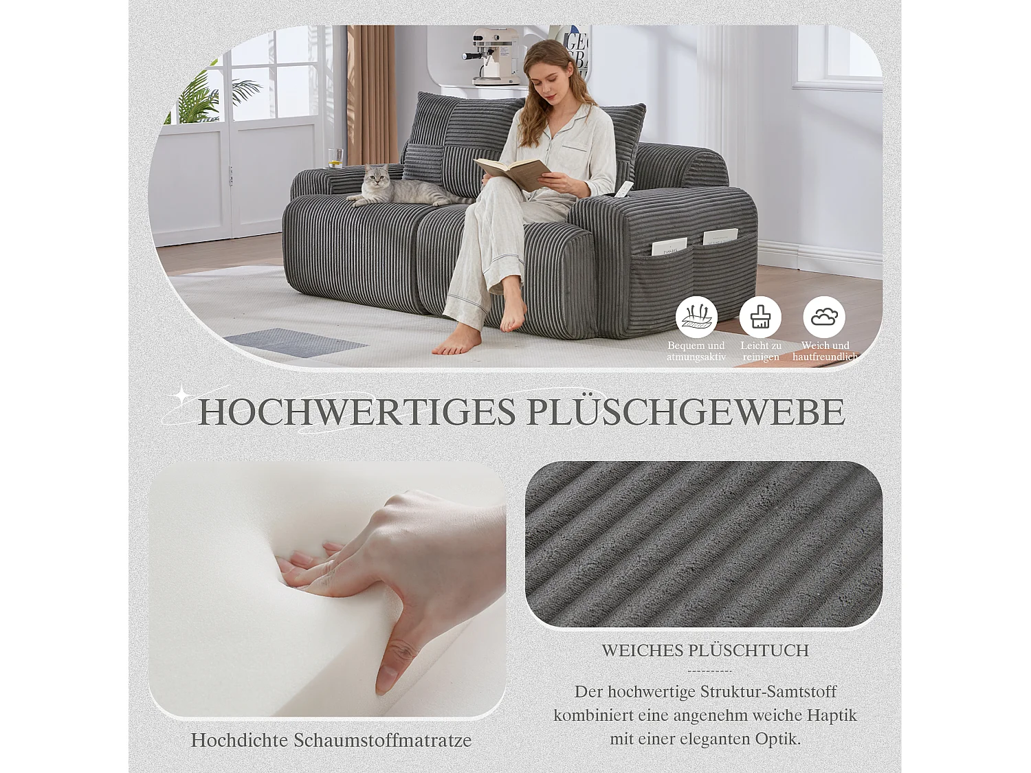 Canapé moderne 2 places - 200 x 99 x 80 cm - avec porte-gobelets + poche de rangement - velours - gris foncé