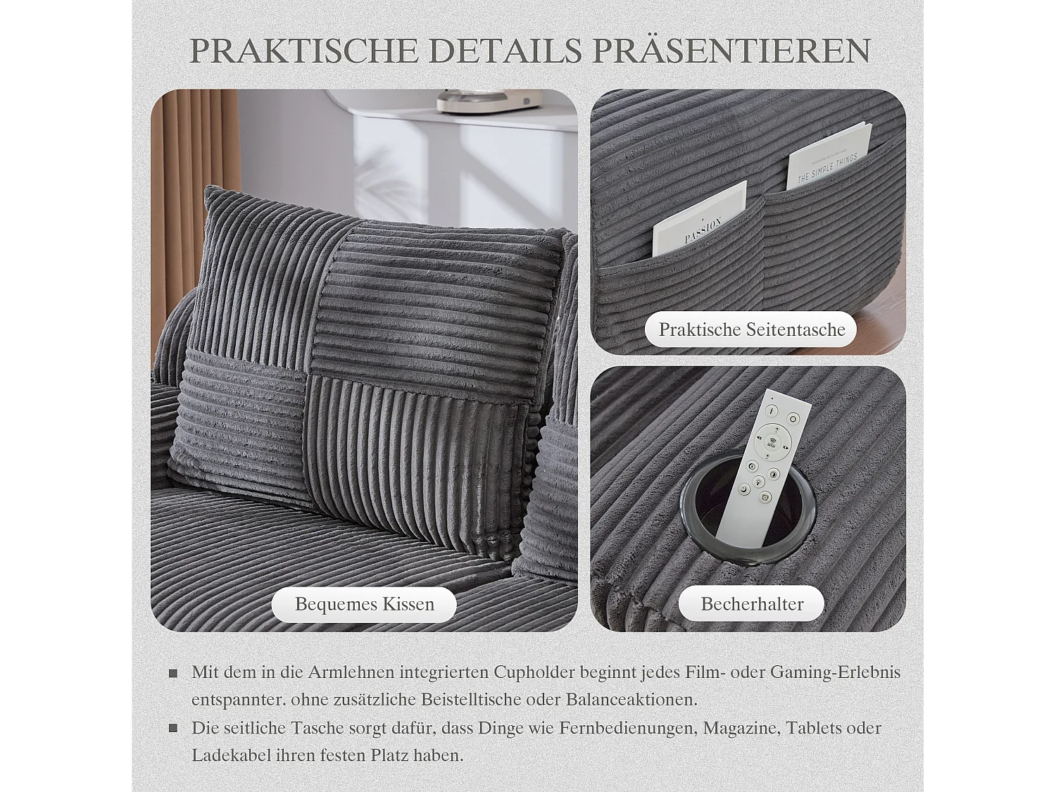 Canapé moderne 2 places - 200 x 99 x 80 cm - avec porte-gobelets + poche de rangement - velours - gris foncé