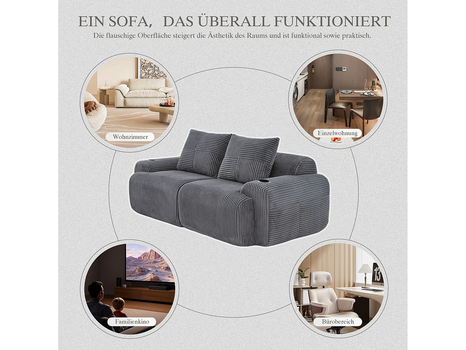 Canapé moderne 2 places - 200 x 99 x 80 cm - avec porte-gobelets + poche de rangement - velours - gris foncé