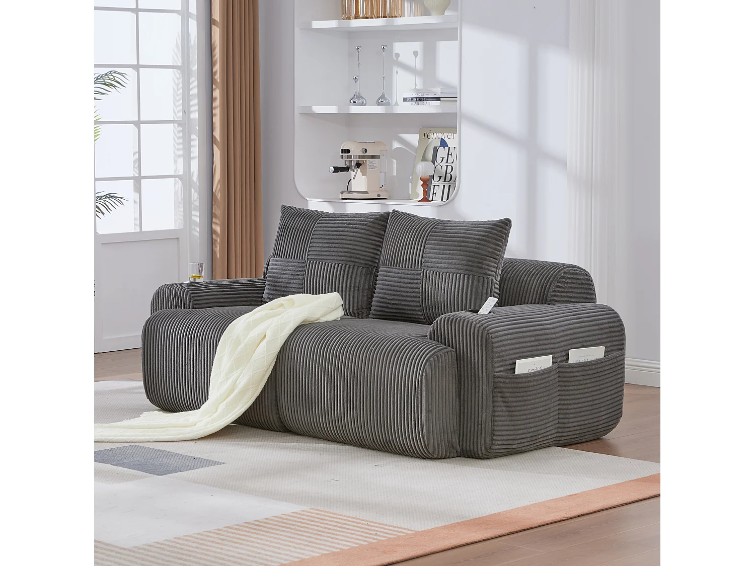 Canapé moderne 2 places - 200 x 99 x 80 cm - avec porte-gobelets + poche de rangement - velours - gris foncé