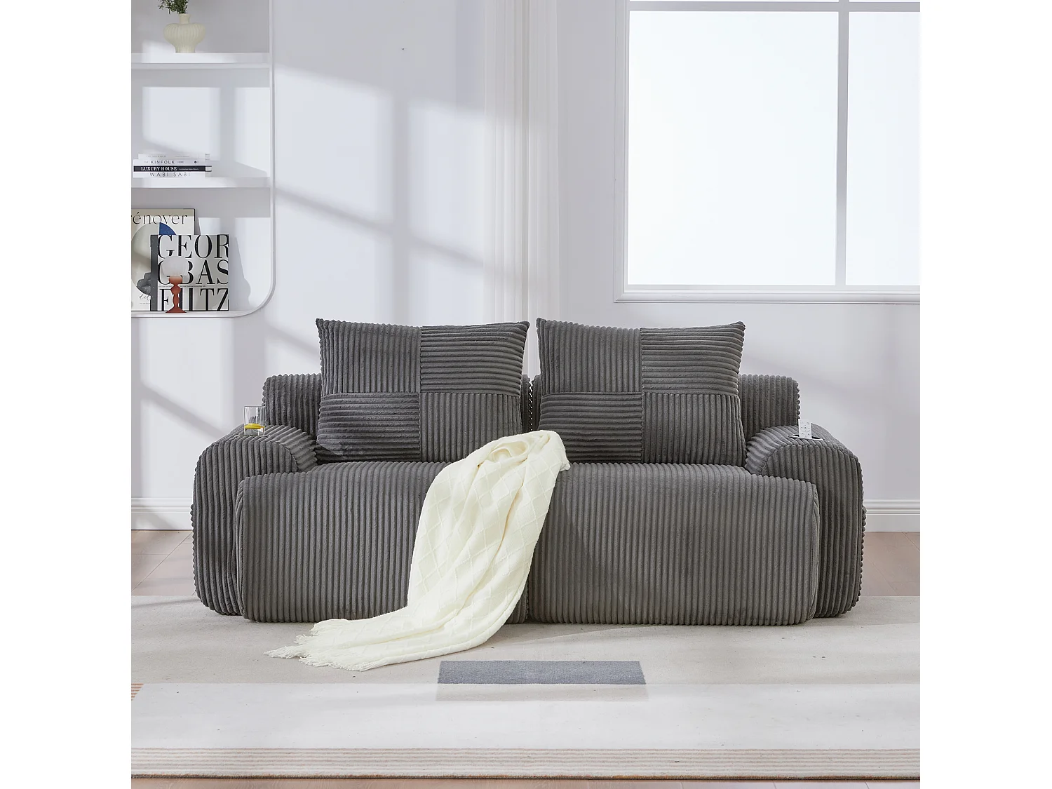 Canapé moderne 2 places - 200 x 99 x 80 cm - avec porte-gobelets + poche de rangement - velours - gris foncé