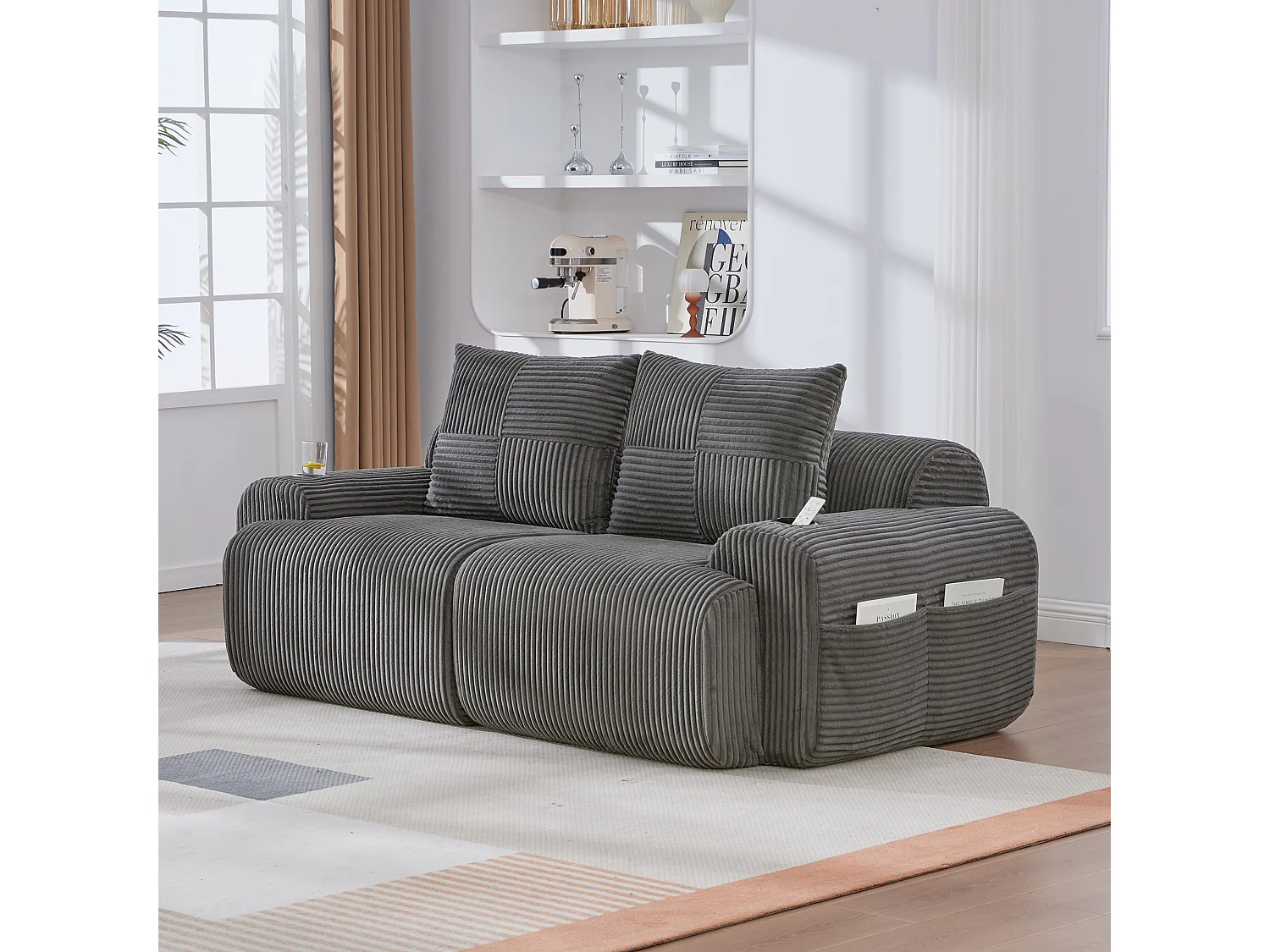 Canapé moderne 2 places - 200 x 99 x 80 cm - avec porte-gobelets + poche de rangement - velours - gris foncé