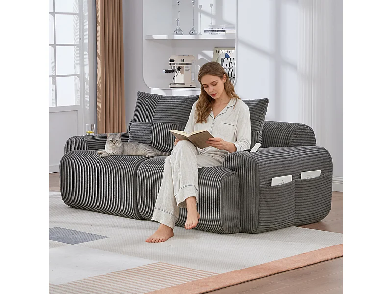 Canapé moderne 2 places - 200 x 99 x 80 cm - avec porte-gobelets + poche de rangement - velours - gris foncé