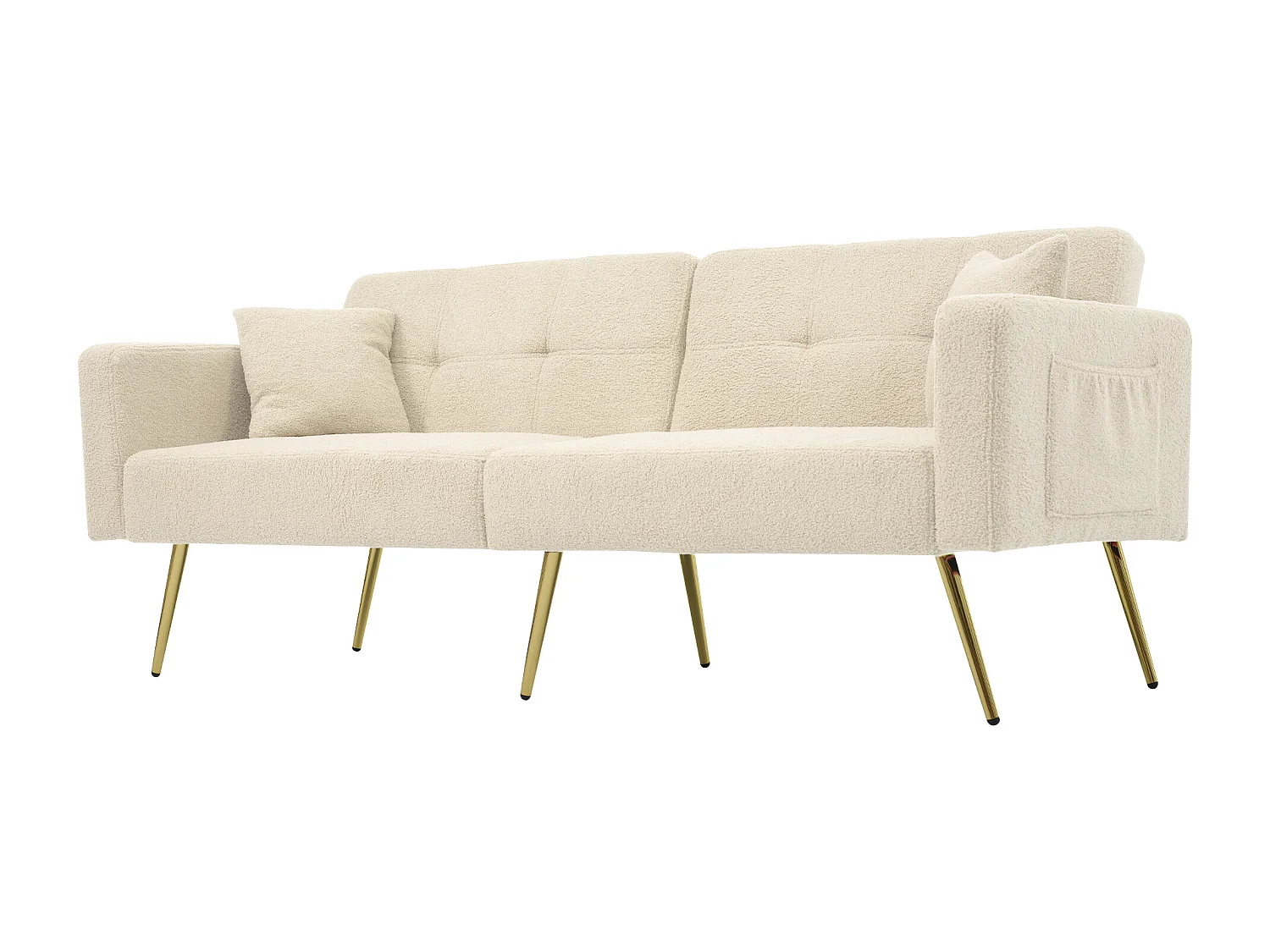 Canapé 2 places convertible en tissu sherpa - Avec coussins et poche latérale - Beige