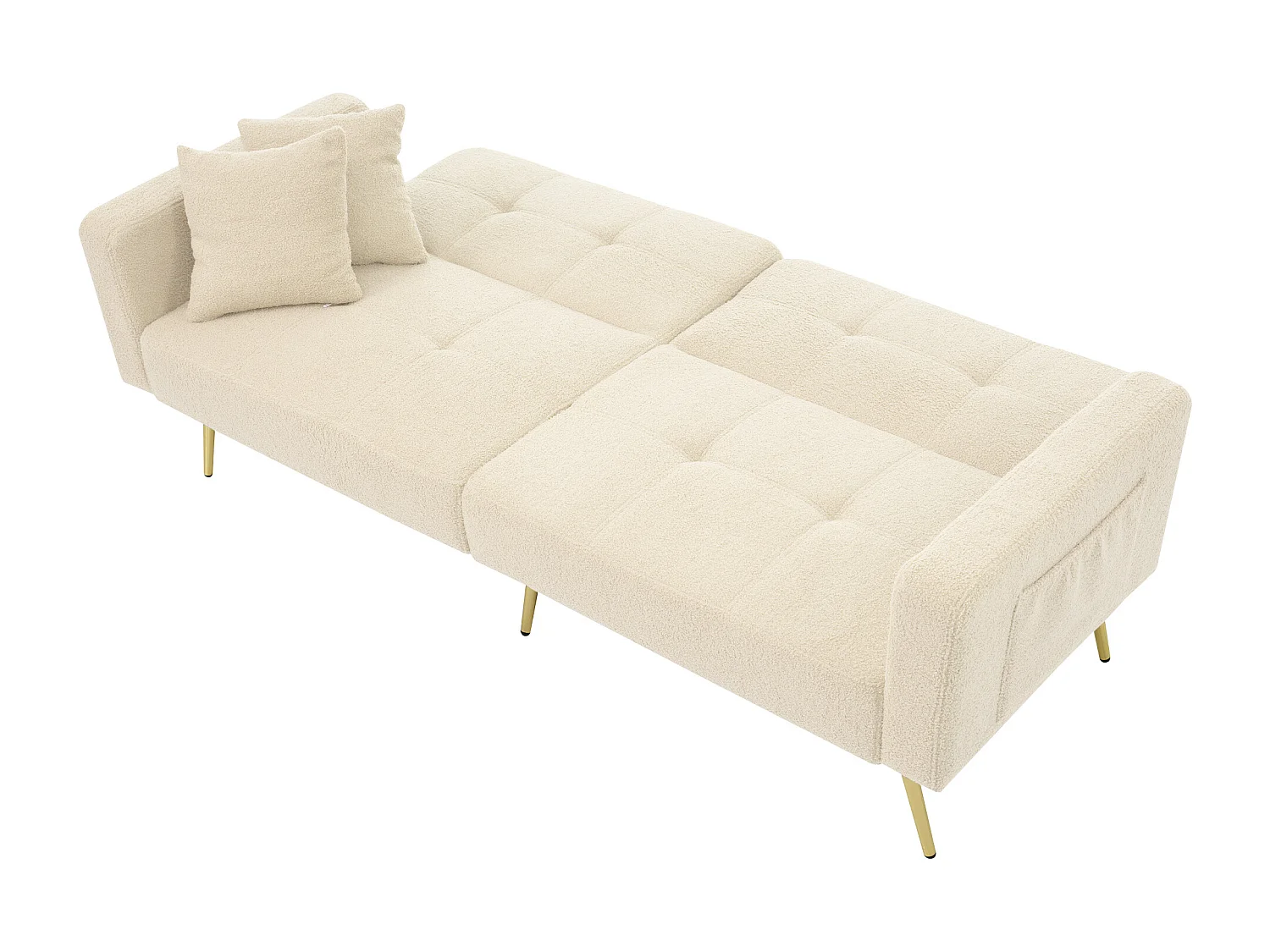 Canapé 2 places convertible en tissu sherpa - Avec coussins et poche latérale - Beige