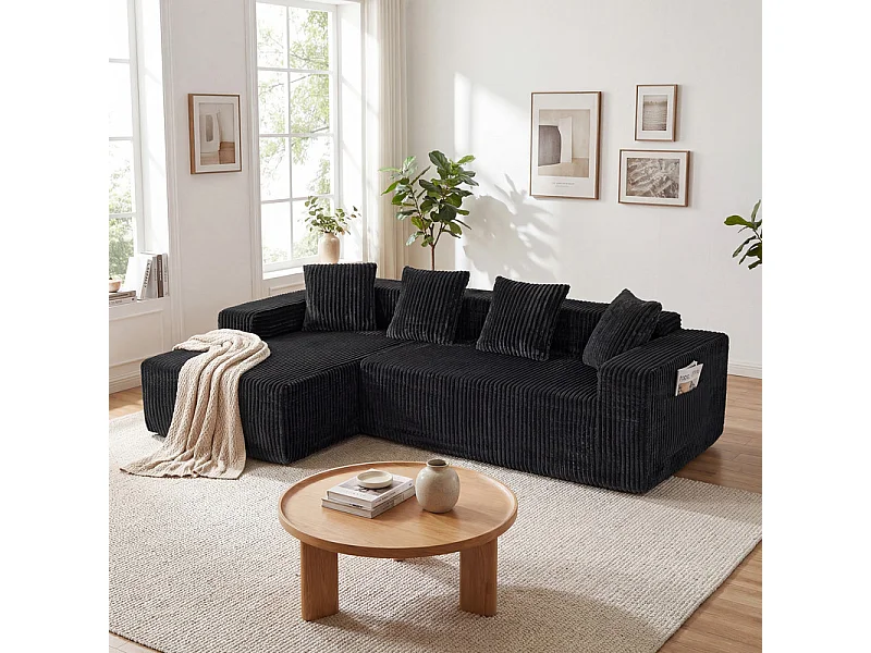 Canapé d'angle gauche modulable - en Velours côtelé Noir - 3 Places - avec 4 Coussins et méridienne - 261x156x80cm